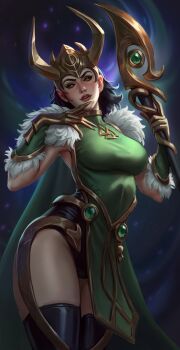 1girl alternate_form armor black_hair breasts cape commentary english_commentary evelina_oo_(ooevelina) fake_horns fur-trimmed_cape fur_trim gloves green_cape green_eyes highres horned_headwear horned_tiara horns lady_loki large_breasts loki_(marvel) long_hair looking_at_viewer marvel marvel_rivals smile solo thor_(marvel)_(series) tiara valknut_(symbol)