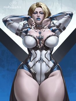 1girl absurdres artist_name blonde_hair blue_eyes blue_eyeshadow blue_lips blue_nails breasts closed_mouth commentary emma_frost eyeshadow highres large_breasts leotard looking_at_viewer makeup marvel marvel_rivals norattaart short_hair solo superhero_costume white_leotard x-men