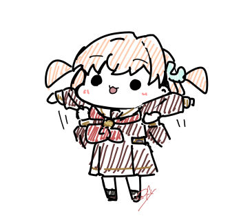 2girls :3 :d absurdres armpit_carry brown_dress chibi chibi_only dress hair_ornament hasu_no_sora_school_uniform hatching_(texture) highres hinoshita_kaho linear_hatching link!_like!_love_live! long_sleeves love_live! medium_dress medium_hair multiple_girls neckerchief oofushi_ao open_mouth pleated_dress rabbit_hair_ornament red_neckerchief sailor_collar sailor_dress school_uniform signature simple_background smile solid_circle_eyes two_side_up virtual_youtuber white_background white_sailor_collar winter_uniform