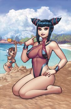 2girls artist_name beach bikini black_hair blue_bikini blue_sky blunt_bangs bracelet breasts brown_hair bun_cover capcom chun-li cloud cloudy_sky covered_erect_nipples covered_navel drill_hair han_juri hand_on_own_hip highres index_finger_raised jewelry large_breasts multiple_girls one-piece_swimsuit parted_lips pointing purple_one-piece_swimsuit ryan_kinnaird see-through_clothes see-through_swimsuit seiza sidelocks sitting sky smile solo_focus spiked_bracelet spikes street_fighter swimsuit tree twin_drills