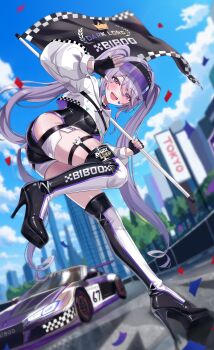 1girl absurdres car castellayaki checkered_flag flag gem grey_hair highres holding holding_flag hololive hololive_english jewel_under_eye koseki_bijou long_hair looking_at_viewer motor_vehicle multicolored_hair open_mouth purple_eyes purple_hair race_flag race_queen race_vehicle smile solo sports_car twintails virtual_youtuber