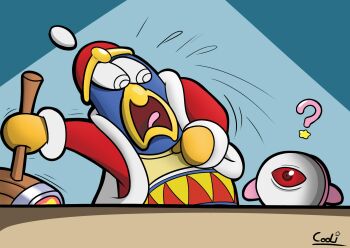 ? artist_name commentary cooli_de_framboise cosplay english_commentary flying_sweatdrops gameplay_mechanics hammer hat highres holding holding_hammer jacket king_dedede kirby kirby&#039;s_dream_land_3 kirby&#039;s_return_to_dream_land_deluxe kirby_(series) long_sleeves mask motion_lines nintendo no_humans open_clothes open_jacket open_mouth red_hat red_jacket scared signature star_(symbol) tongue zero_(kirby) zero_(kirby)_(cosplay)