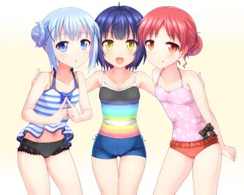 3girls :d :p arm_around_shoulder bare_arms bare_shoulders bikini black_hair blue_eyes blue_hair blush braid braided_bun child chimame-tai collarbone commentary_request cowboy_shot fang faubynet frilled_bikini frills girl_sandwich gochuumon_wa_usagi_desu_ka? hair_bun hair_ornament hairclip highres jouga_maya kafuu_chino looking_at_viewer multicolored_stripes multiple_girls natsu_megumi navel open_mouth rainbow_gradient red_eyes red_hair revision sandwiched short_hair single_hair_bun smile steepled_fingers striped_tank_top sweatdrop swimsuit tank_top tankini tongue tongue_out x_hair_ornament yellow_eyes
