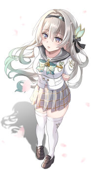 1girl aqua_hair arms_behind_back black_hair breasts brown_shoes commentary_request firefly_(honkai:_star_rail) firefly_(spring_missive)_(honkai:_star_rail) full_body gradient_hair grey_hair grey_skirt highres honkai:_star_rail honkai_(series) korean_commentary large_breasts loafers long_hair miniskirt multicolored_hair petals pleated_skirt shadow shoes skirt solo sostenuto0 thighhighs very_long_hair white_thighhighs zettai_ryouiki