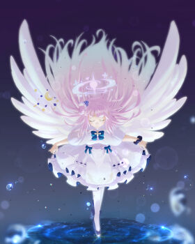 1girl absurdres angel angel_wings black_scrunchie blue_archive blue_bow blue_bowtie blue_flower blue_shoes blunt_bangs blush bow bowtie buttons capelet closed_eyes closed_mouth commentary_request double-breasted dress dress_bow eyelashes facing_viewer feathered_wings floating_hair flower frilled_dress frills full_body glint gradient_background grey_background hair_bun hair_flower hair_ornament halo high_heels highres holding_own_dress leaning_forward long_hair mika_(blue_archive) pantyhose pink_hair pink_halo purple_background ripples school_uniform scrunchie shoes simple_background single_side_bun smile solo standing standing_on_liquid straight-on tomonx trinity_general_school_logo two-sided_dress two-sided_fabric underlighting very_long_hair water water_drop white_capelet white_dress white_pantyhose white_wings wings wrist_scrunchie