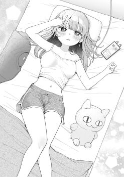 1girl absurdres blush breasts camisole cellphone chushui_(izumi617) commentary_request dolphin_shorts feet_out_of_frame greyscale highres long_hair lying medium_breasts midriff monochrome navel on_back original parted_lips phone pillow short_shorts shorts smartphone solo strap_slip