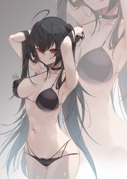 1girl absurdres ahoge annasui_factory arms_behind_head azur_lane bikini black_bikini black_choker black_hair breasts choker cleavage collarbone commentary english_commentary gradient_background grey_background hair_between_eyes highres long_hair medium_breasts navel red_eyes solo swimsuit taihou_(azur_lane)