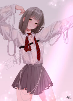1girl absurdres arms_up artist_logo blush buttons collared_shirt commentary_request cowboy_shot diagonal-striped_clothes diagonal-striped_necktie fireflies grey_hair grey_skirt head_tilt highres kyarabukie logo long_sleeves looking_at_viewer loose_clothes loose_shirt medium_hair necktie original outstretched_arm pleated_skirt red_necktie ribbon school_uniform shirt shirt_tucked_in sidelocks skirt standing striped_clothes striped_necktie undone_necktie wallet_chain watermark white_ribbon white_shirt yellow_eyes