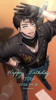 Rule 34 | 1boy, :d, arm up, black gloves, black hair, black jacket, black neckerchief, black shoes, blue eyes, blue pants, burn scar, character name, commentary request, dated, dog tags, from above, full body, gloves, hand on own hip, hand up, happy birthday, highres, j (reverse:1999), jacket, leather, leather jacket, legs apart, lens flare, looking up, male focus, milmil7, neckerchief, open mouth, pants, reverse:1999, scar, scar on face, shoes, short hair, smile, solo, standing, teeth, twitter username, upper teeth only