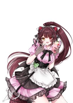 1girl :d absurdres animal_hair_ornament apron bat_wings black_bow black_bowtie black_headdress black_skirt black_tail black_wings blush bow bowtie breasts brown_hair cafe_cutemare_uniform cherry collar commentary_request cowboy_shot demon_tail detached_collar dog_girl fangs food frilled_apron frilled_shirt frilled_skirt frills fruit gloves grey_gloves hair_bow hair_ornament hands_up heart heart_hair_ornament heart_pendant heterochromia high-waist_skirt highres holding holding_food holding_spoon ice_cream ice_cream_float inui_toko layered_skirt long_hair maid maid_headdress medium_breasts mini_wings miniskirt name_tag nijisanji open_mouth pendant_collar pink_collar pink_shirt pink_skirt ponytail puffy_short_sleeves puffy_sleeves red_eyes shirt shirt_tucked_in short_sleeves simple_background skirt smile solo spoon tail transparent_background very_long_hair virtual_youtuber waist_apron white_apron white_bow wings yellow_eyes yuzuca_(trickster4594)