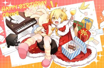 1boy bandage_over_one_eye bird birthday black_shorts blonde_hair bottle bouquet box cak_ntama cape character_name commentary crown cubi_(vocaloid) cup dal_segno_(symbol) drinking_glass english_commentary envelope flower full_body fur-trimmed_cape fur_trim gift gift_box glass happy_birthday holding holding_cup holding_stuffed_toy instrument james_(vocaloid) juice kneehighs looking_at_viewer male_focus minahoshi_taichi mini_crown mini_piano oliver_(vocaloid) one_eye_covered open_mouth paper piano red_cape scroll sheet_music shirt shorts sitting slippers smile socks striped_clothes striped_footwear stuffed_animal stuffed_rabbit stuffed_toy vocaloid white_shirt wine_glass yellow_eyes