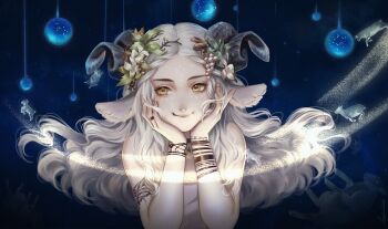 Rule 34 | 1girl, absurdres, animal ears, baby animal, bracelet, braid, braided bangs, constellation, curled horns, curly hair, facial tattoo, faun, floating hair, flower, food-themed hair ornament, gem, gemini (constellation), grape hair ornament, green gemstone, hair flower, hair ornament, hair spread out, hands on own cheeks, hands on own face, hands up, highres, horizontal pupils, horns, inga2ooo, jewelry, lamb, long hair, pisces (constellation), ram (animal), sagittarius (constellation), sheep, sheep ears, sheep horns, sky, smile, star (sky), tattoo, white flower, white hair, yellow eyes