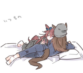 2girls animal_ears barefoot beanie beer_hsk blue_pants blue_ribbon blue_shirt bow brown_hair ear_ribbon ears_through_headwear grey_hat grey_pants grey_shirt hair_between_eyes hat horse_ears horse_girl horse_tail lying multiple_girls nakayama_festa_(umamusume) on_bed on_side orfevre_(old_design)_(umamusume) pants pillow purple_eyes ribbon shirt simple_background tail translation_request umamusume white_background