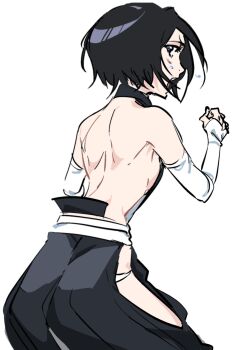 1girl ass backless_dress backless_outfit bare_back bare_shoulders black_dress black_hair bleach blush breasts clenched_hand clothing_cutout commentary cosplay detached_sleeves dress facing_back frown grey_eyes hair_between_eyes halter_dress halterneck highres hip_vent kuchiki_rukia looking_at_viewer looking_back open_mouth panties pantyshot profile sekihan_(6kihan) shihakusho short_hair shouting sideboob simple_background sleeveless sleeveless_dress sleeves_past_wrists small_breasts solo sui-feng sui-feng_(cosplay) sweat sweatdrop symbol-only_commentary thigh_peek underwear waistband white_background white_panties white_sleeves