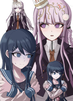 2girls absurdres bb_14ha black_jacket black_ribbon blue_sailor_collar blush braid brown_necktie closed_eyes collarbone commentary_request d: danganronpa:_trigger_happy_havoc danganronpa_(series) food food_on_head hair_ornament hair_ribbon hairclip highres jacket kirigiri_kyoko long_hair long_sleeves maizono_sayaka multiple_girls necktie noodles object_on_head open_clothes open_jacket open_mouth ramen ribbon sailor_collar shirt simple_background teeth upper_teeth_only white_background white_shirt