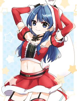 1girl alternate_costume armpits arms_up bare_shoulders black_gloves blue_eyes blue_hair closed_mouth commentary_request detached_sleeves frilled_shirt frills fur-trimmed_skirt fur_trim garter_straps gloves hat highres kanduki_kamibukuro link!_like!_love_live! long_hair long_sleeves looking_at_viewer love_live! miniskirt murano_sayaka pleated_skirt puffy_short_sleeves puffy_sleeves red_hat red_shirt red_skirt red_thighhighs santa_costume santa_hat shirt short_sleeves skirt smile solo standing star_(symbol) strapless strapless_shirt thighhighs virtual_youtuber