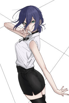 Rule 34 | 1girl, black choker, black hair, black shorts, chainsaw man, choker, closed mouth, collared shirt, green eyes, grenade pin, hair between eyes, highres, nagomu 7 56, reze (chainsaw man), shirt, shorts, simple background, sleeveless, sleeveless shirt, smile, solo, white background, white shirt