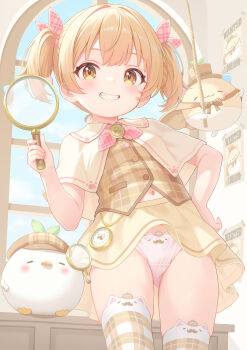 1girl blonde_hair blush breasts brown_vest capelet cat_ear_panties commentary_request cowboy_shot grin hair_ribbon highres holding holding_magnifying_glass loli looking_at_viewer magnifying_glass minami_mii navel original paid_reward_available panties pantyshot parted_lips pink_ribbon plaid_clothes plaid_ribbon plaid_vest print_panties rebun ribbon skirt small_breasts smile solo teeth thighhighs twintails underwear vest white_capelet white_panties yellow_eyes yellow_skirt