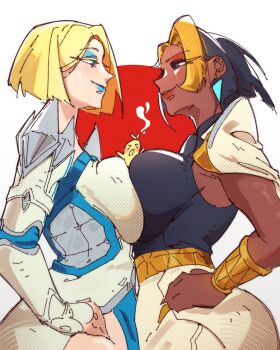 Rule 34 | 2girls, akiman pose, blue lips, breast press, breasts, bubene, cropped legs, dark-skinned female, dark skin, diamond (gemstone), domina (overwatch), emma frost, gold bracer, highres, large breasts, marvel, marvel rivals, multiple girls, overwatch, simple background, single bracer, smile, standing, symmetrical docking