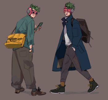 1boy alternate_costume backpack bag belt blusu brown_background cellphone cyborg f-zero full_body green_hair hand_in_pocket highres jacket messenger_bag monkii_(mjooolnina) mr._zero_(f-zero) nintendo open_mouth phone shoulder_bag smartphone smile solo walking watch wristwatch