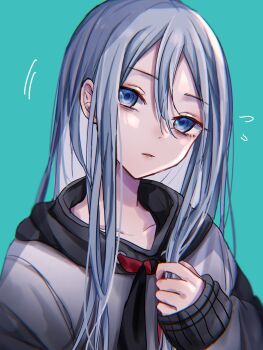 Rule 34 | 1girl, blue background, blue eyes, blue hair, blush, bow, collarbone, flying sweatdrops, grey hair, hair between eyes, hand in own hair, highres, hood, hoodie, light blue hair, long hair, long sleeves, looking at viewer, mismatched arm warmers, neckerchief, open mouth, penny pany, project sekai, simple background, sleeves past wrists, solo, two-tone neckerchief, very long hair, white hair, yoisaki kanade