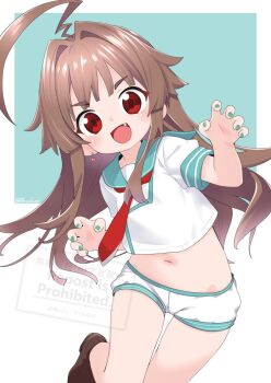 1girl ahoge blush brown_hair brown_shoes claw_pose crop_top earrings fang fingerless_gloves gloves green_nails heart_lock_(kantai_collection) huge_ahoge jewelry kantai_collection kuma_(kancolle) long_hair looking_at_viewer nassukun neckerchief open_mouth red_eyes sailor_collar school_uniform serafuku shoes short_shorts short_sleeves shorts simple_background single_earring solo two-tone_background watermark white_shorts