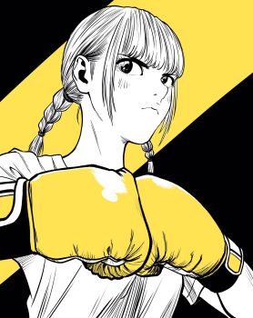 Rule 34 | 1girl, boxing gloves, braid, breasts, commentary, frown, gloves, greyscale with colored background, hatching (texture), highres, lee (dragon garou), light blush, medium breasts, original, own fists together, profile, serious, sidelocks, solo, spot color, symbol-only commentary, twin braids, upper body, yellow background, yellow gloves