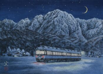 absurdres building crescent_moon highres house moon mountain multiple_unit_train night no_humans original outdoors pantograph railroad_tracks scenery shadow signature sky snow star_(sky) starry_sky tanamachi_yoshihiro toyama_chiho_railway toyama_prefecture train tree