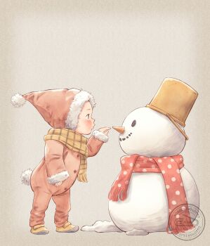 Rule 34 | 1other, 2017, beanie, blush, bucket, buttons, from side, fur-trimmed headwear, fur trim, grey background, hat, highres, onesie, original, otto (otto52coffee), polka dot, polka dot scarf, pom pom (clothes), pom pom beanie, profile, santa hat, scarf, shoes, simple background, snow, snowman, solo, standing, toddler, watermark, yellow shoes