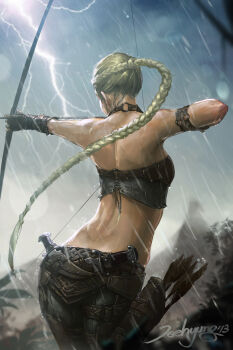 1girl absurdres arrow_(projectile) ass blonde_hair bow braid braided_ponytail from_behind highres jee-hyung_lee lightning outdoors pants ponytail rain solo tagme