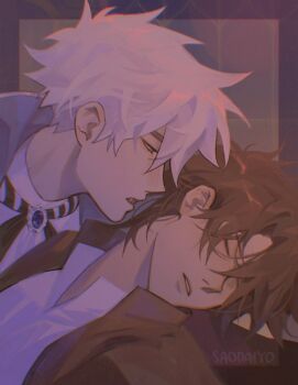 2boys alternate_costume artist_name ascot black_hair black_jacket blue_gemstone border brooch brown_hair cape cheng_xiaoshi closed_eyes collared_shirt commentary english_commentary fang gem grey_cape hair_between_eyes highres jacket jewelry looking_at_another lu_guang lying male_focus multiple_boys on_back open_clothes open_mouth parted_lips piercing shiguang_dailiren shirt short_hair sleeping teeth twitter_username upper_body vampire white_ascot white_hair white_shirt xiiverio yaoi