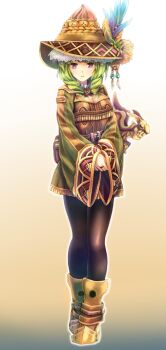 Rule 34 | 1girl, belt, belt buckle, belt pouch, black pantyhose, blue feathers, boots, breasts, brown hat, buckle, cleavage, commentary request, dorasure, dress, drill hair, feathers, full body, green dress, green hair, hat, hat feather, highres, jewelry, long sleeves, medium breasts, medium hair, minstrel (dorasure), nyaou (round facer), own hands together, pantyhose, parted lips, pouch, purple eyes, red belt, ring, short dress, sleeves past wrists, solo, standing, twin drills, wide sleeves, yellow boots