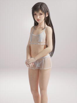 1girl 3d aged_down bra breasts brown_eyes brown_hair fakemodeo female_focus final_fantasy final_fantasy_vii flat_chest highres lips loli long_hair looking_at_viewer navel open_mouth own_hands_together panties see-through_clothes simple_background small_breasts solo standing tifa_lockhart underwear underwear_only white_background white_bra white_panties