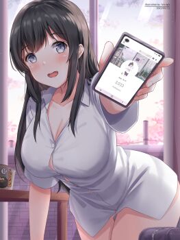 Rule 34 | 1girl, all fours, bag, black hair, blush, breasts, cellphone, cellphone photo, cleavage, commentary request, dress shirt, grey eyes, highres, holding, holding phone, indoors, instant cup noodles, instant noodles, large breasts, leaning forward, long hair, looking at viewer, mole, mole on breast, mole under eye, naked shirt, no panties, no pants, open mouth, original, phone, school bag, shirt, smartphone, smile, solo, table, thighs, uki (kiw kiu), white shirt, wooden table