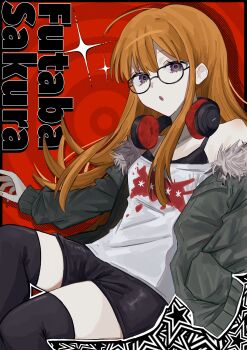 1girl :o absurdres ahoge black-framed_eyewear black_shorts black_tank_top black_thighhighs breasts character_name commentary_request feet_out_of_frame fur-trimmed_jacket fur_trim glasses green_jacket hashtag-only_commentary headphones headphones_around_neck highres jacket jacket_partially_removed long_hair long_sleeves looking_at_viewer off-shoulder_shirt off_shoulder orange_hair persona persona_5 print_shirt purple_eyes red_background sakura_futaba shirt shorts sidelocks small_breasts solo sparkle star_(symbol) star_symbol_background tank_top thighhighs white_shirt xyurux0