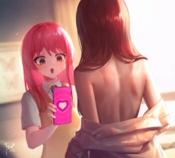 2girls absurdres bang_dream! bang_dream!_it&#039;s_mygo!!!!! bare_back blush breasts brown_hair brown_sweater_vest chihaya_anon commentary grey_eyes haneoka_school_uniform highres hypnosis hypnosis_app long_hair medium_breasts mind_control multiple_girls nagasaki_soyo open_mouth purple_eyes school_uniform short_hair sklt_(swyt8223) sweater_vest undressing yuri