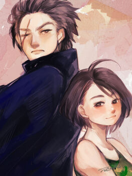 Rule 34 | 1boy, 1girl, ahoge, back-to-back, brother and sister, brown eyes, brown hair, camouflage tank top, frown, gakuran, hair slicked back, highres, justice gakuen, kazama akira, kazama daigo, looking at viewer, one eye closed, scar, scar across eye, scar on face, school uniform, siblings, smile, suehiro sanpachi, tank top