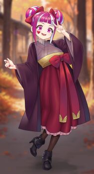 1girl absurdres alternate_costume alternate_hairstyle autumn autumn_leaves blunt_bangs boots breasts commission commissioner_upload double_bun facial_mark fire_emblem fire_emblem_engage folded_twintails hair_bun heart heart_facial_mark high_heel_boots high_heels highres hortensia_(fire_emblem) japanese_clothes kimono leaf medium_breasts multicolored_hair nail_polish nintendo non-web_source open_mouth outdoors pink_eyes pink_hair pink_kimono pink_nails princess red_nails redkite333 sidelocks solo two-tone_hair v