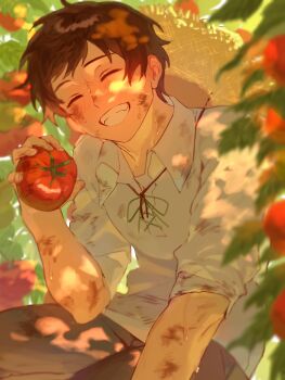Rule 34 | 1boy, axis powers hetalia, brown hair, closed eyes, dappled sunlight, day, dirty, dirty clothes, dirty face, food, fruit, hashtag-only commentary, hat, highres, holding, holding food, holding fruit, male focus, outdoors, pipinopipi0219, shirt, short hair, sitting, smile, solo, spain (hetalia), straw hat, sunlight, sweat, tomato