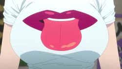 1girl animated anime_screenshot bandaged_fingers bandages blue_eyes blue_hair blush breast_focus breasts highres isemi_tina large_breasts medium_hair rock_wa_lady_no_tashinami_deshite shirt sound tagme undersized_clothes video white_shirt