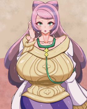 1girl breasts coat green_eyes highres large_breasts long_hair miriam_(pokemon) multicolored_hair nintendo pink_hair pokemon pokemon_sv sweater two-tone_hair u_na_765 white_coat