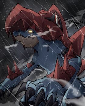 absurdres blue_claws blue_skin claws colored_sclera colored_skin crocodilian fangs feraligatr fergoart gen_2_pokemon glowing glowing_eyes highres hood hood_up mega_feraligatr mega_pokemon nintendo no_humans pokemon pokemon_(creature) pokemon_focus rain sharp_teeth solo spikes teeth yellow_eyes yellow_sclera