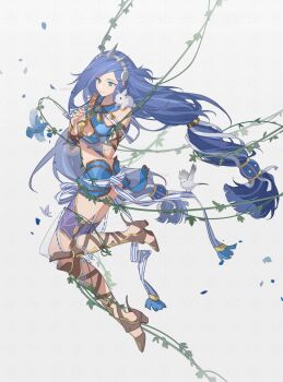 Rule 34 | 1girl, animal, animal on shoulder, artist request, bird, blue eyes, blue hair, breasts, bug, butterfly, closed mouth, commission, dana iclucia, falling petals, floating hair, full body, hair between eyes, hair ornament, hairband, high heels, highres, insect, interlocked fingers, long hair, low twintails, metal hairband, midriff, mixed-language commentary, navel, parted bangs, petals, plant, rabbit, ribbon, second-party source, simple background, small breasts, smile, solo, stomach, swept bangs, twintails, underboob, very long hair, vines, white background, ys, ys viii: lacrimosa of dana