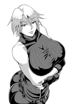 1girl ass bare_shoulders breast_hold breasts christie_(doa) covered_erect_nipples dead_or_alive dead_or_alive_6 female_focus huge_breasts looking_at_viewer monochrome short_hair smile solo white_hair