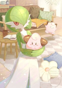 bob_cut carpet cleffa colored_skin couch ditto dress gardevoir gen_1_pokemon gen_2_pokemon gen_3_pokemon green_hair green_skin highres holding holding_pokemon indoors multicolored_skin nintendo pillow pink_eyes pink_skin piyokonoenikki_04 pokemon pokemon_(creature) table transformed_ditto two-tone_skin watermark white_dress white_skin