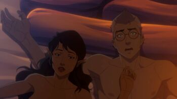 aftersex anime_screenshot bed blush brown_hair critical_role dungeons_&amp;_dragons glasses half-elf highres nude percival_de_rolo sweat the_legend_of_vox_machina vex&#039;ahlia_vessar white_hair