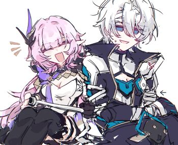 1boy 1girl bilizinger black_boots black_coat black_gloves black_pants blue_eyes boots breasts chinese_commentary cleavage coat commentary_request corset elf elysia_(honkai_impact) elysia_(miss_pink_elf)_(honkai_impact) gloves hair_ornament highres honkai_(series) honkai_impact_3rd kevin_kaslana large_breasts long_hair pants pink_hair pointy_ears short_hair shrug_(clothing) simple_background single_glove sitting smile very_long_hair white_background white_corset white_hair