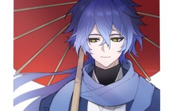 1boy alternate_costume blue_hair blue_scarf closed_mouth commentary_request crossed_bangs double-parted_bangs eyelashes flins_(genshin_impact) floating_hair genshin_impact gradient_hair highres looking_to_the_side male_focus multicolored_hair oil-paper_umbrella pillarboxed red_umbrella scarf sideways_glance smile solo susukeya umbrella upper_body