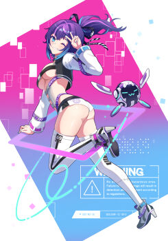 1girl =_= absurdres aqua_eyes aqua_hair aqua_nails ass bandaid bandaid_on_face bandaid_on_nose black_ribbon blush breasts buckle closed_eyes clothes_writing commentary cropped_jacket english_text eyelashes fingernails full_body hair_intakes hair_ribbon high_heels highres jacket long_sleeves melody_(projektmelody) multicolored_hair nail_polish one_eye_closed open_clothes open_jacket ponytail purple_hair ribbon robot shoes short_shorts shorts sign smile snap-fit_buckle streaked_hair t0m_(projektmelody) thighhighs thighs tolo_mag underboob v virtual_youtuber vshojo warning_sign white_shoes white_shorts white_thighhighs