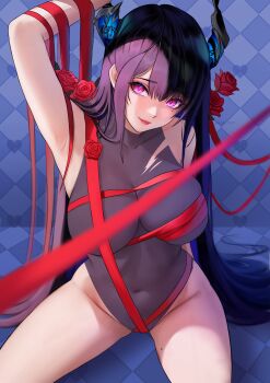 Rule 34 | 1girl, absurdres, arm up, armpits, asymmetrical horns, black hair, black leotard, blue hair, breasts, closed mouth, colored inner hair, commentary, english commentary, flower, halter shirt, halterneck, highres, hololive, hololive english, horns, large breasts, lazik 1337, leotard, light smile, long hair, looking at viewer, mole, mole on thigh, mole under eye, multicolored hair, nerissa ravencroft, purple eyes, red flower, red ribbon, red rose, ribbon, rose, sidelocks, sitting, slit pupils, solo, torn clothes, torn leotard, uneven horns, very long hair, virtual youtuber